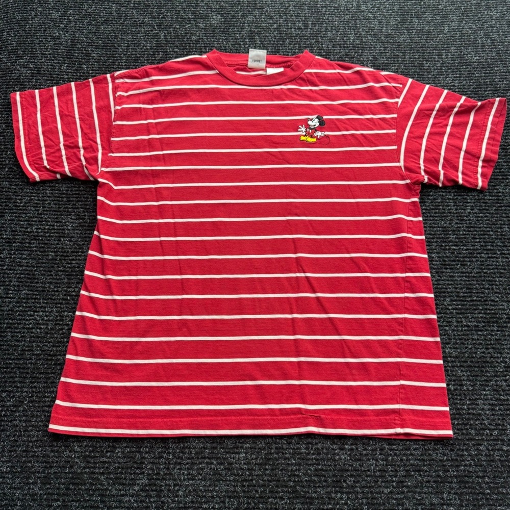 Disney Store Mickey Mouse Striped T-Shirt Mens Large Red White Embroidered Tee
